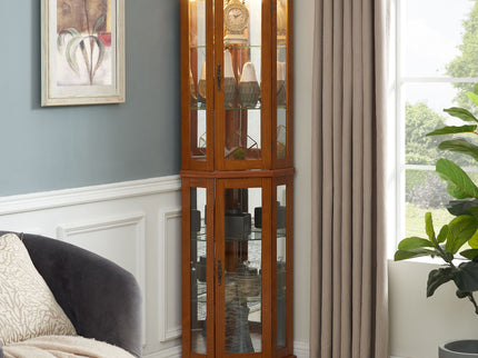 Corner Curio Cabinet With Lights, Adjustable Tempered Glass Shelves, Mirrored Back, Display Cabinet (E26 Light Bulb Not Included)