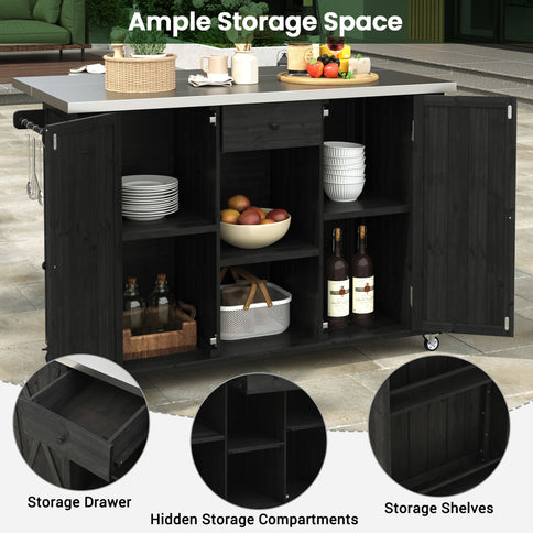 Outdoor Kitchen Island With Stainless Steel Top, Ample Storage Space, Towel And Spice Racks And A Bottle Opener