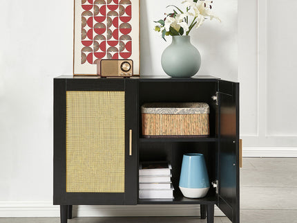 Side Panel Buffet Cabinet With Natural Rattan Door, Rattan Storage Cabinet With Adjustable Shelves, Side Panel And Buffet With Storage Space, Modern Console Cabinet In Bedroom And Living Room - Black / Beige