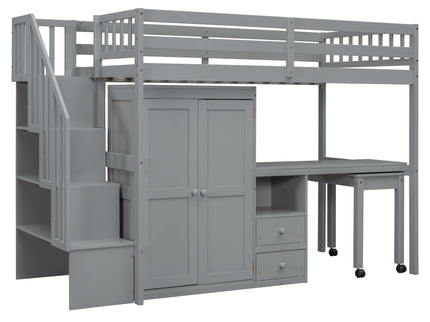 Loft Bed With Stairs, Bookshelf, Drawers, Desk & Wardrobe, Space Saving Multifunctional Furniture