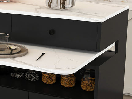 Kitchen Island With Extendable Rotating Table, 4 Drawers & Glass Door Cabinets, Built In Socket - Black