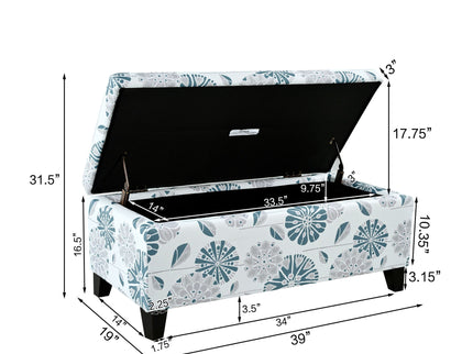 Luxury Storage Ottoman With Floral Patterned Fabric, Soft-Close Hinges, Multi Functional