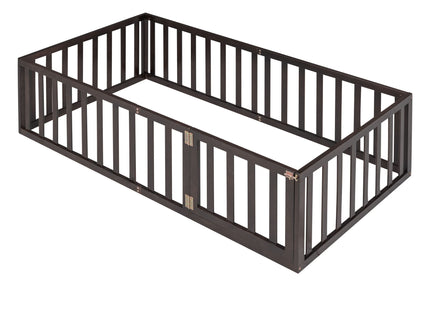 Twin Size Floor Bed Frame With Fence And Door - Walnut