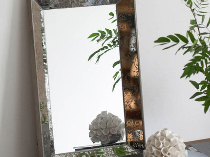 Antique Rectangle Mirror With Floral Accents, Mirrored Display Tray, Hanging Wall Mirror