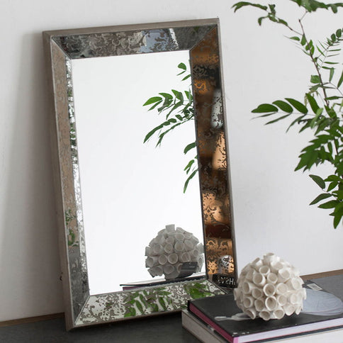 Antique Rectangle Mirror With Floral Accents, Mirrored Display Tray, Hanging Wall Mirror