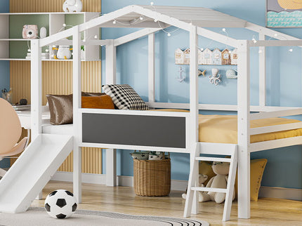 Loft House Bed With Ladder And Slide, With board And Light Strip On The Roof