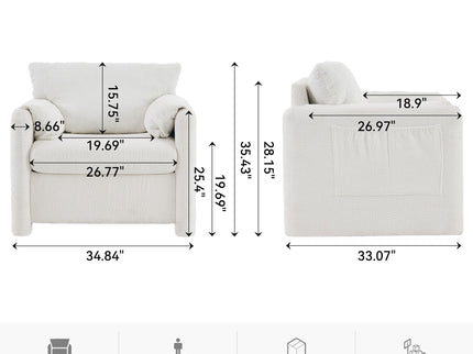 Fixed Modern Accent Chair Single Seater Plush Chenille Lounge Chair With High Resilience Cushion - Ivory White