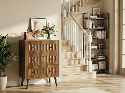 3 Drawer Dresser, Storage Cabinet With Vertical Grooves For Bedroom - Walnut