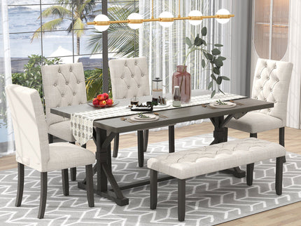 6 Piece Dining Table Set With Rectangular Wood Table, 4 Upholstered Chairs, Bench