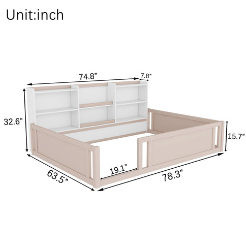 Platform Floor Bed With Guardrail Fence And Side Storage Shelves