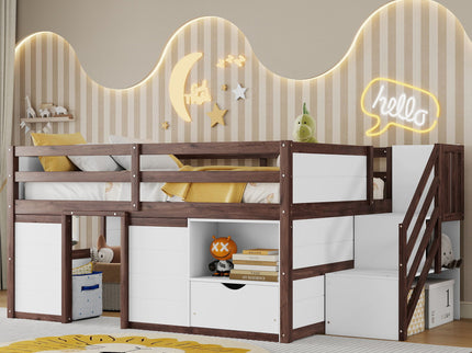 Low Loft Bed Frame With Built In Stairs, Storage Drawer, Shelf And 7 Color LED Light