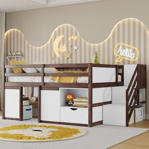 Low Loft Bed Frame With Built In Stairs, Storage Drawer, Shelf And 7 Color LED Light