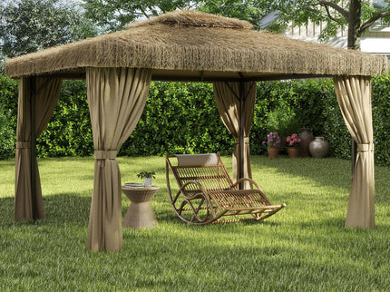 Outdoor Patio Gazebo With Double Canopy, Mosquito Net & Privacy Curtain - Brown