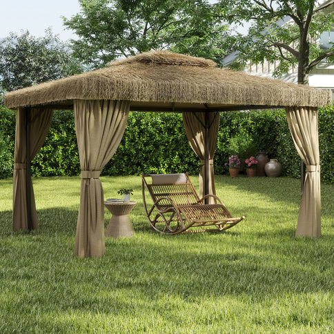 Outdoor Patio Gazebo With Double Canopy, Mosquito Net & Privacy Curtain - Brown