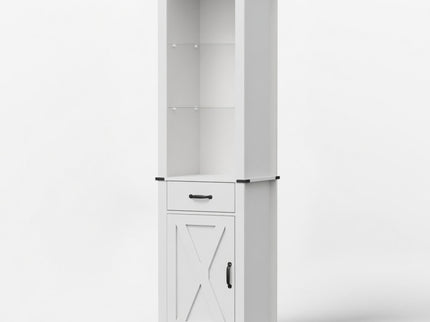 Pantry Cabinet With LED Lights And Barn Door With Tempered Glass Shelves - White