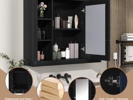 Wall-Mounted Bathroom Storage Cabinet With Mirror, 6 Open Shelves - Black