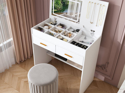 Flip Top Vanity Desk With LED Mirror & Outlet Makeup Table With 2 Drawers, Open Storage, And Jewelry Hooks - White