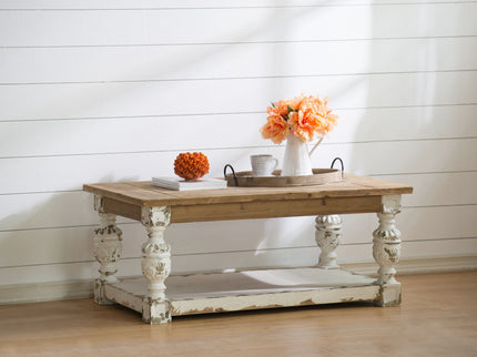 Rectangle Coffee Wooden Coffee Table, French Country Coffee Table - Brown / Antique White