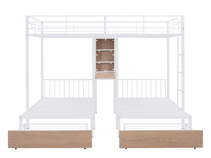 Triple Bunk Bed With Drawers, Multi-Functional Frame With Desks And Shelves In The Middle