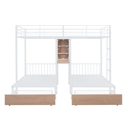 Triple Bunk Bed With Drawers, Multi-Functional Frame With Desks And Shelves In The Middle