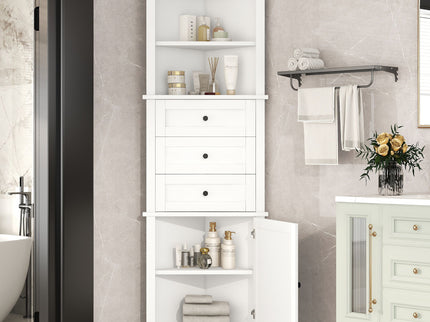 Tall Storage Cabinet With 3 Drawers And Adjustable Shelves For Bathroom