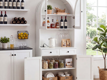 Tall Arched Pantry Cabinet With Charging Station, Adjustable Shelves, Coffee Bar