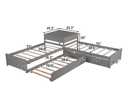L Shaped Platform Bed With Trundle And Drawers Linked With Built In Desk
