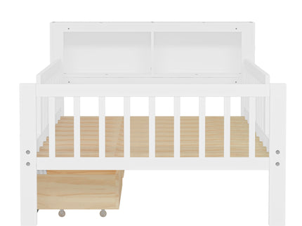 Bed With Headboard Storage Rack, 2 Under Bed Drawers, 3 Side Guardrails For Safety