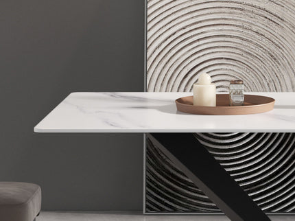 63" Modern Artificial Stone Straight Edge Metal X-Leg Dining Table, 6 People - White / Black