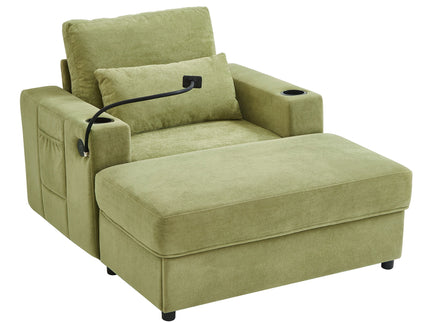Modern Style Armchair Chaise Lounge Sofa Couch With Movable Storage Ottoman, USB Ports, Cup Holders, Phone Holder, Side Pockets