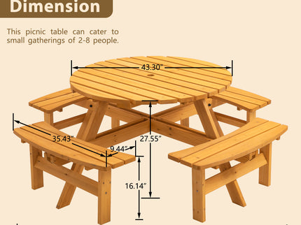 8 Person Wooden Picnic Table, Outdoor Camping Dining Table With Seat, Garden, Diy With 4 Built-In Benches, 2220Lb Capacity