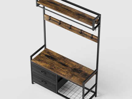 Hall Tree With 2 Movable Drawers, Shoe Storage, Shelves, Garment Racks, And 23 Hooks For Entryway - Rustic Brown