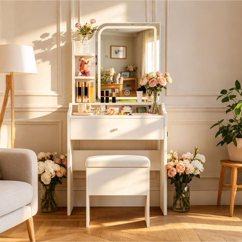 Smart LED Mirror Vanity Set With Storage For Bedrooms - Cream White