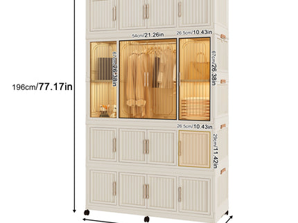 Portable Wardrobe Closet Storage Organizer With 17 Magnetic Doors, 17 Cubes, Hanging Rod & 6 Hangers - Creamy White