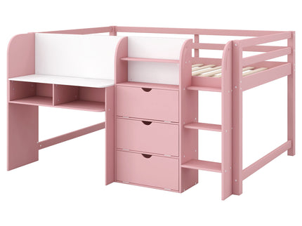 Low Loft Bed With Built In Desk, Storage Cabinets, Open Bookcase And Doodle board