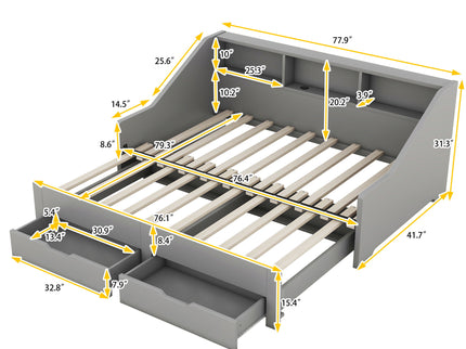 Daybed Frame With Storage Bookcases, 2 Drawers, Charging Station