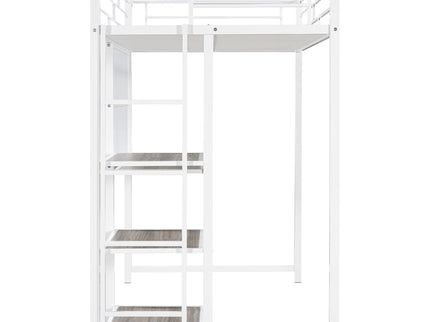 Metal Loft Bed With Desk, 3 Shelves And Ladder