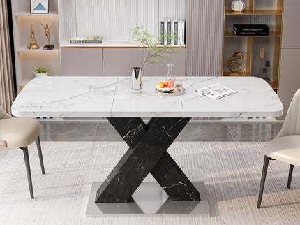 Rectangle Dining Table With Stretchable Top, X Shape Mdf Legs With Steel Base - White / Black