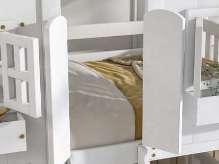 House Bunk Bed With Roof, Window, Window Box, Door, With Safety Guardrails And Ladder