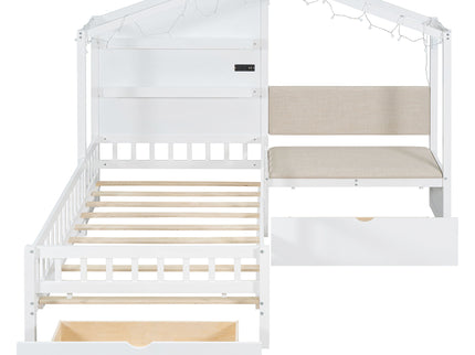 House Bed With Upholstered Sofa, Wireless Charging Station, Shelves And 2 Drawers