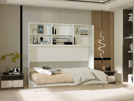 Mordern Design Twin Size Horizontal Murphy Bed With Shelf Storage For Bedroom Or Guestroom Wall Bed Space Saving Hidden Bed With New Style Gas Struts - White