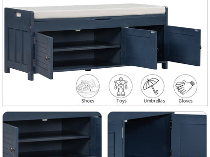 Storage Bench With 3 Shutter-Shaped Doors, Shoe Bench With Removable Cushion And Hidden Storage Space