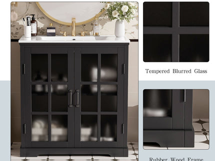 Modern Bathroom Vanity With Ceramic Sink, Tempered Blurred Glass Doors
