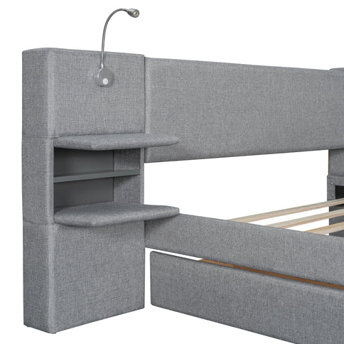 Upholstered Platform Bed With Reading Lights, Drawers, Trundle And Shelves