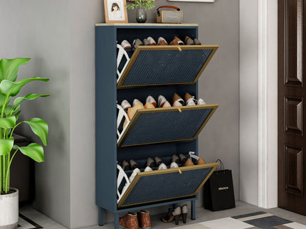 Modern Rattan 3 Door Shoe Rack Cabinet For Entryway