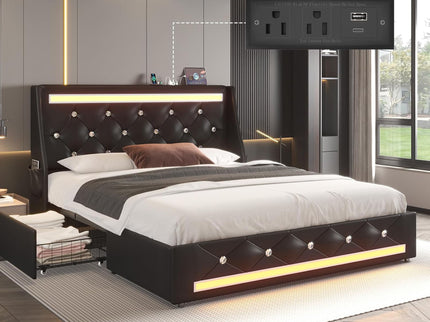 Wingback Upholstered Bed Frame With LED Lights, Charging Station