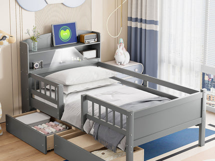 Platform Bed With LED Light, Multi Functional Headboard, Guardrail And 2 Drawers