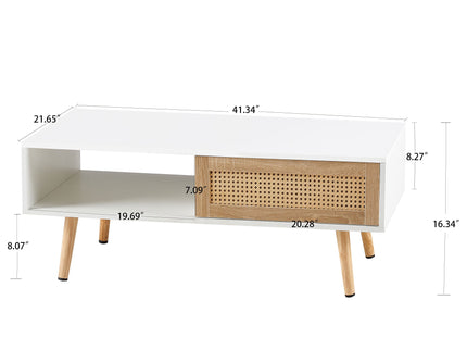 41.34" Rattan Coffee Table, Sliding Door For Storage, Solid Wood Legs, Modern Table For Living Room