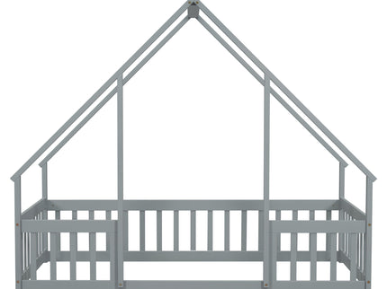 Wood House-Shaped Floor Bed With Fence, Guardrails