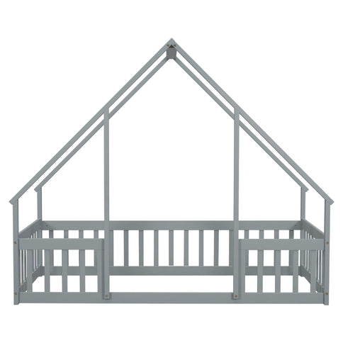 Wood House-Shaped Floor Bed With Fence, Guardrails